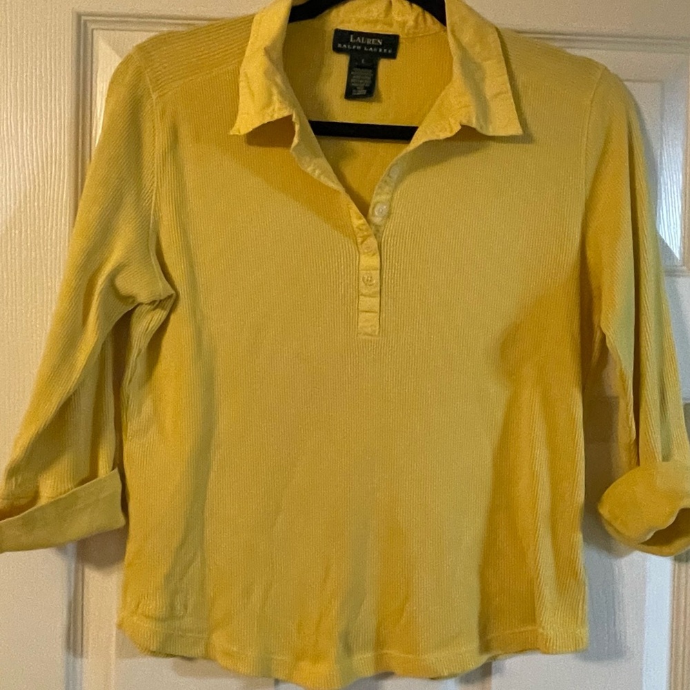 Lauren Ralph Lauren‎ Mustard Ribbed  Button Down Shirt Sz L, cropped.